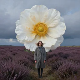 portrait, giant flower as ahead, a girl wearing a coat in heather field, surreal photography, wind and cold, dramatic sky, impressionist painting, digital painting, artstation, simon stalenhag