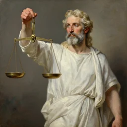 Jay Powell as God, holding scales of balance in his hand, oil painting, masterpiece, 4k
