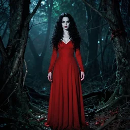zhelong xu, full body, pretty alyson hannigan, evil dead demon, evil dead movie, red dress, symmetrical eyes, symmetrical face, long curly black hair, trees, forest, branches, cinematic lighting, evil dead creature, scary, blood