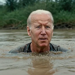 film still, close up, joe biden rising out of muddy vietnam river, low camera angle at water level, from apocalypse now ( 1 9 7 9 ), 2 6 mm,