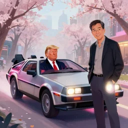 donald trump in a flying delorean with doc emmet brown posing for the camera, neon lights, portrait, illustration, rim light, top light, perfectly shaded, spring time, slight overcast lighting, soft painting, art by krenz cushart and wenjun lin