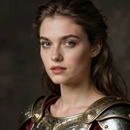 close - up portrait of beautiful model dressed gladiator with metallic armor, art by bettina rheims