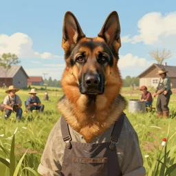farm life portrait of furry anthro anthropomorphic german shepard head animal person fursona wearing clothes farmer on the field in ohio, sunny day, digital art by Nerdrum John, William Waterhouse, Winslow Homer, Alex Heywood, Jordan Grimmer, Darren Quach, Greg Rutkowski, Simon Stalenhag, trending on Artstation, CGSociety
