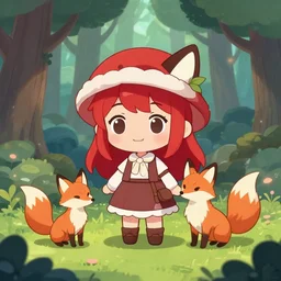 magical forest with redcap chibi girl and a fox family
