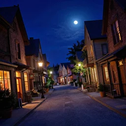 curved perspective summer night small town street from tim burtons nightmare before christmas by petros afshar, 1 5 º camera angle