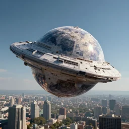 high res orblike starship hovering over a city 4k