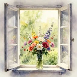 a bouquet of flowers on the open window. watercolor 4 k post - processing highly detailed the gower, a merging of the spiritual and the material realms
