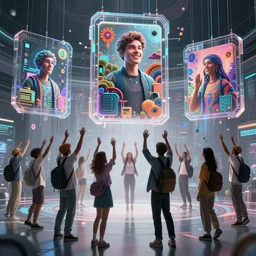 cinematic shot cyberspace people of creativity, very large floating translucent ai generated images, hyper realistic, mood lighting, fantasy, detailed happy people creating diverse art, hands in the air, big video statues, highly detailed, super realistic, perfect lighting pixel sorting, style sheet