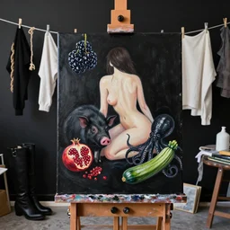 realistic painting of a black painted canvas, on an easel in a female artist's studio with black walls, tall emo artist blackberries, hemp rope, paint, clothes hanging on a clothesline to dry, high black boots, pomegranate, a black pig, courgette, black octopus, sensual, acrylic and oilstick on canvas