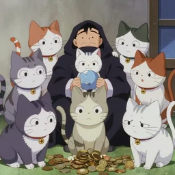 film stills from a 2000s anime film about a cat society's economic troubles