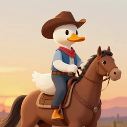 anthropomorphic duck as a cowboy riding a horse into the sunset