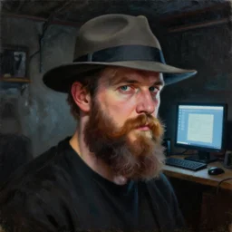 a highly detailed portrait of a gross neckbeard man wearing a fedora in a dark basement illuminated by a computer screen, 8 k, 4 k, oil on canvas