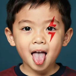 portrait of a kid with tongue out, red lightning tattoo on left eye, art by quino