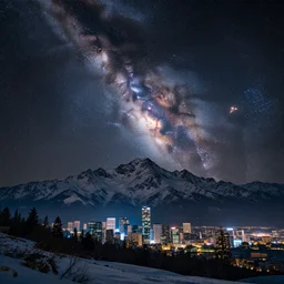 a beautiful double exposure of a deep field astrophotography image by hubble in the sky, and a night time landscape with towering mountains above a cyberpunk city, snow, lpoty, award winning, apod, low noise, detailed, sharp