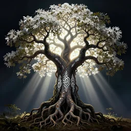 a beautiful painted ayahuma tree with dark roots and white light in the branches, centered in the middle of the picture, faces embedded in the trunk, god rays, shamanism, matte painting, fantasy art, ayahuasca