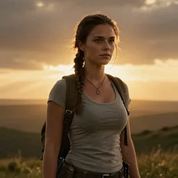 bella heathcote as lara croft, golden hour, cinematic