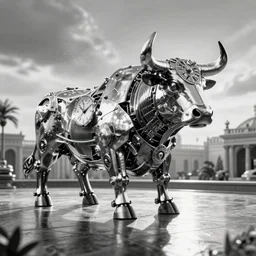 a clockwork mechanical bull, duotone, ultra high detail, high particle effects, highly reflective surface, realistic reflections