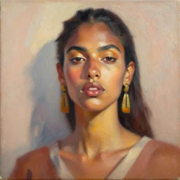 portrait in daring femininity, ethnic, confident face, warm glow, bathed in morning light, captured memory, painterly, radiosity, subtle terrazzo, mediterranean color scheme, modern fashion, contemporary art, oil on canvas