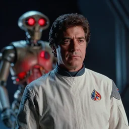film still of young old Cheech Marin as Dr. Dave Bowman with HAL 9000 glowing red in the background in 2001 A Space Odyssey