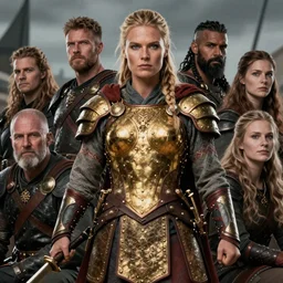 Photo of a majestic fierce viking woman, highly detailed, viking attire, gold plated chest plate, armor skirt, cinematic, 8k, 1080s, by Stanley Artgermm, Tom Bagshaw, Greg Rutkowski, Vincent di Fate, Carne Griffiths, Ayami Kojima, trending on DeviantArt, hyper detailed, full of color, digital art,