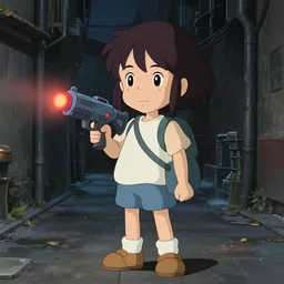 anime cute girl waiting to buy a new laser gun, dark alley way, moescape, studio ghibli, digital art, clean lines, cartoon