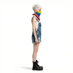 a grungy woman with short white hair, shaved sides short top, soft eyes and narrow chin, dainty figure, torn overalls, short shorts, combat boots, rainbow bandana mask, basic white background, side boob, symmetrical, single person, style of by jordan grimmer and greg rutkowski, crisp lines and color,