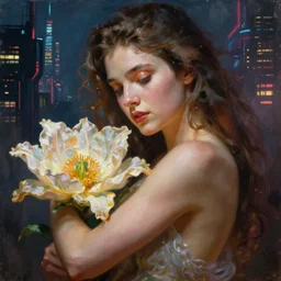 a beautiful closeup portrait painting of a singular flower goddess in a sensual pose, in the style of dan mumford artwork, in the background a futuristic cyberpunk city with lit windows is seen.