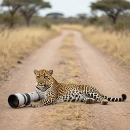 leopard lying in the dirt road, Savannah grass bushveld, professional wildlife photography, national geographic, award-winning photo, Canon EF 600mm f4 L lens