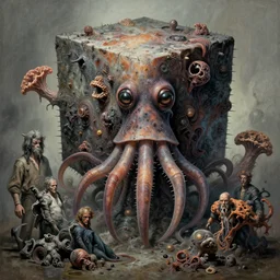 ink art of huge cube squid, full body, barbed, fungal & filthy with impobables alberto bontempi, shigeru komatsuzaki, wayne d barlowe, alex ross, enric torres, simon bisley & boris vallejo, hyper realism, cinematical, narrative light, muted colors, epic, hyper detailed, awe inspiring, award winning horror,