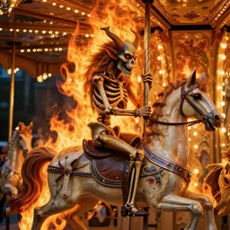 a closeup of a skeleton demon riding a carousel in flames, beksinski, dariusz zawadzki
