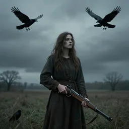 pastoral eerie. a woman has a rifle. there are ravens in the sky. folk horror. realistic. moody. dreamy