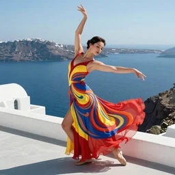 beautiful contemporary dancer wearing a red, yellow, blue swirling dress, standing on a Santorini terrace looking down into the ocean, trending on artstation, cinematic, photorealistic