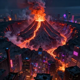 a cyberpunk city in the crater of a volcano, lava flowing, smoke, fire, neon, clubs, industrial, by paul lehr, jesper ejsing