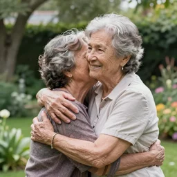 A photo 95-year-old lady hugging her 75-year-old daughter in a garden, concept art, trending on art station, 4k, 8k, high detailed