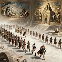fantasy scifi scene martin deschambault and canaletto and andreas rocha of assassins creed egypt and many soliders marching in formation on a bridge leading to a gigantic pyramid temple, epic cinematic composition, volumetric lighting, sunny morning light, fine details, hyperrealism, aerial symmetrical view