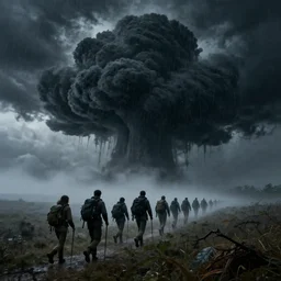 A hiking group running away from a giant black cloud, horror movie cinematic, rain stormy fog, terrifying nightmare
