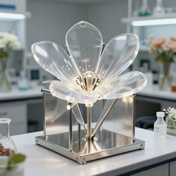 flower shop by science labotory made of stainless steel and translucent, flower geometry