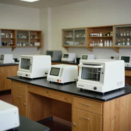 realistic interior photo of wooden science laboratory, with white plastic appliances 1 9 9 0, life magazine photo