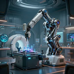 ( cyberpunk 2 0 7 7, bladerunner 2 0 4 9 ), a complex thick bifurcated robotic cnc surgical arm cybernetic symbiosis hybrid mri 3 d printer machine making a bio chemical lab, by nicoletta ceccoli, mark ryden, lostfish, bio mechanical, lens orbs, global illumination, lounge, architectural, f 3 2,