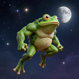 a muscular green! pepe frog jumps to the sky to become one with the stars, cosmos, moon, by mucha and caspar david friedrich, atmospheric lighting, intricate detail, cgsociety, hyperrealistic, octane render, rpg portrait, ambient light, dynamic lighting