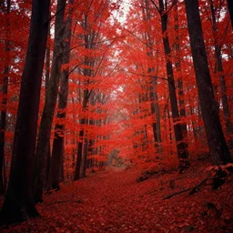 forest, bright red colors, shot on kodak aerochrome film,