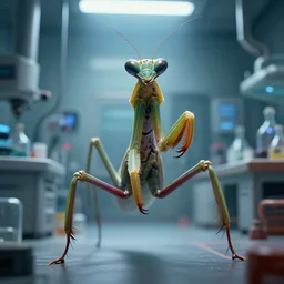 a highly detailed mantis - like alien abomination escaping towards the camera, in a biotech lab, from love death and robots ( 2 0 1 9 ). coherent portrait, intricate, elegant, suspense environment, digital photo, trending on artstation, hdr photo, smooth, sharp focus