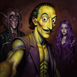 a dark yellow and purple and green humanoid, hyper detailed, intricate, in the style of salvador dali and junji ito and guillermo del toro, selfie, volumetric lighting, ray tracing