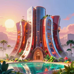 highly detailed futuristic architecture by frank gehry, in the style of pixar animation, reflective lighting, stylized vegetation, ground - level view, puddles of turquoise water, foggy atmosphere, stunning sunny lighting, sunrise, vivid colors, trending on artstation, 8 k, matte painting, ray tracing, hyper detailed, unreal engine 5, cinematic, epic lighting, cryengine, octane render, cyberpunk, red and orange glow, vibrant