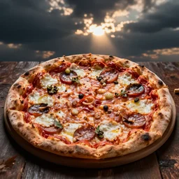 a 🍕 🍭🍑🍬🍟🥥🍫🍄🧁🍩 ( ( mega - pizza ) ) made of 🍦🍡🍰🍇🍯🍮🍹🧁