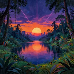 reclaimed by nature by paul cezanne, universe synthwave bladerunner 2 0 4 9 sunset laser nature thermal vision rainforest tokyo scumm bar lake fantasy cosmic water neon noir matte painting reclaimed by nature architecture island meadow at dawn, archdaily, wallpaper, highly detailed, trending on artstation.