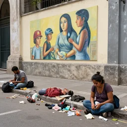several beggars thrown away in São Paulo's streets begging for alms, artwork by Sergey Kolesov