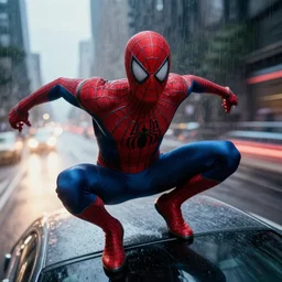 selfie of peter parker on top of a car during a high - speed chase, lens flare, deep focus, rain, d & d, intricate, elegant, highly detailed, photo, 9 0 s, artstation, blade runner, 8 k, sharp focus, octane, unreal engine 5, global illumination, radiant