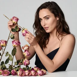 fine art photo of the beauty gal gadot, she is merging from pink dried roses, taken by oleg oprisco