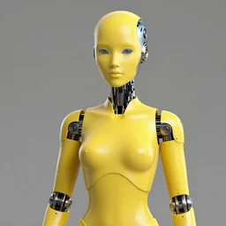 A yellow skinned female android with half head shaved revealing metal robot head by Stanley Artgerm Lau, WLOP, Rossdraws, James Jean, Andrei Riabovitchev, Marc Simonetti, and Sakimichan, trending on artstation